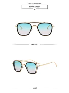 Vue détaillée montrant l'avant et le côté de lunettes de soleil avec verres dégradés bleus