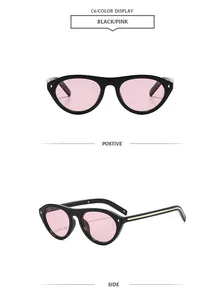 Vues détaillées des lunettes de soleil œil-de-chat vintage à monture noire et verres roses