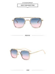Détail de lunettes de soleil carrées à double pont avec verres dégradés bleu-rose