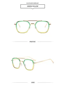 Lunettes de soleil rétro à double pont carré avec verres dégradés vert jaune et or