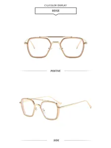 Vues détaillées des lunettes de soleil rétro beiges à double pont carré de face et de profil