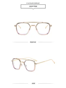 Vues de face et de côté détaillées de lunettes de soleil carrées à double pont en gris rose.