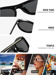 Détails de lunettes de soleil œil de chat ovales rétro et scènes d'utilisation lifestyle.