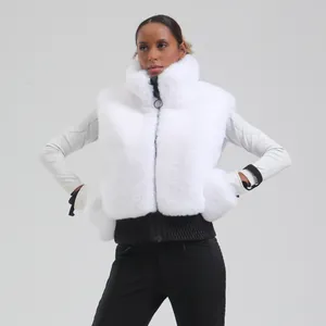 Veste de ski en fausse fourrure blanche pour femme avec col montant coupe-vent