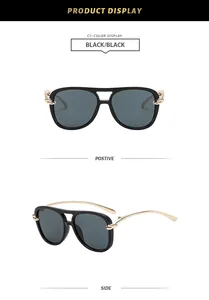 Detailed views of black double-bridge aviator sunglasses with gold twisted temples.