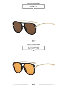 Side profile view of aviator sunglasses with black frames and tea or orange lenses