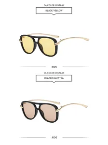 Detailed side view of double bridge aviator sunglasses in yellow and tea lenses