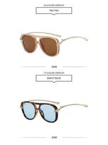 Detail view of oversized double bridge aviator sunglasses in tea and blue tints.