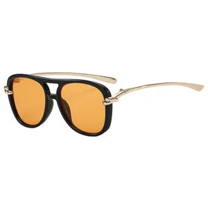 Fashionable aviator sunglasses with orange lenses and double bridge frame for UV protection.