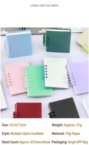 Vue détaillée de carnets à spirales A7 colorés montrant dimensions et caractéristiques