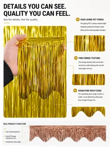 Detail of golden PET foil fringe curtain with wavy edge for party background decor