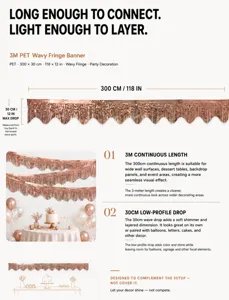 Detail view of 3m rose gold wavy fringe banner showing product dimensions and party scene