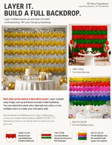 Detailed guide showing layering of PET wavy fringe banners for festive party backdrops.
