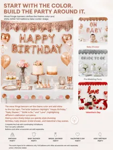 Detail of rose gold and silver fringe banners for birthday, baby shower, and wedding parties