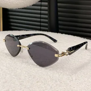 Fashionable rimless diamond-cut sunglasses with dark gray lenses and marble temples