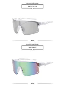 Dettaglio occhiali da ciclismo bianchi semi-aperti, lenti argento e rosa cangiante.