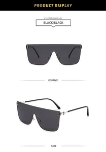 Viste dettagliate di occhiali da sole shield neri senza montatura, design piatto oversize