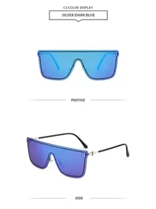 Viste frontale e laterale di occhiali da sole a maschera oversize con lenti blu a specchio