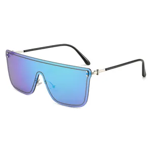 Occhiali da sole oversize senza montatura con lenti specchiate sfumate blu e aste
