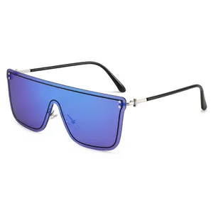 Eleganti occhiali da sole oversize senza montatura con lenti blu specchiate e aste nere