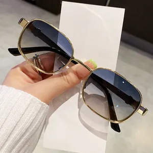 Stylish classic retro square sunglasses with gold metal frame and blue gradient lenses