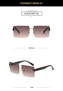 Vista detallada de gafas de sol cuadradas sin montura con lentes de color té gris
