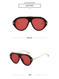 Detail views of aviator sunglasses with black frames and red lenses from front and side