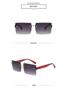 Vistas frontal y lateral de gafas de sol cuadradas sin montura de moda hoy.