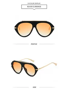Aviator sunglasses featuring a black frame and gradient orange lenses in front and side views.