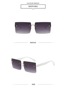 Detalle de gafas de sol cuadradas blancas sin montura con lentes degradadas moradas en vista