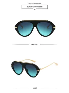 Fashionable aviator sunglasses with black frames and blue-green gradient lenses in two views