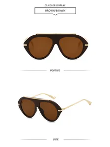 Front and side views of brown aviator sunglasses with gold metal frame accents.