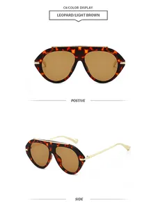 Aviator sunglasses in leopard print with light brown lenses, front and side views