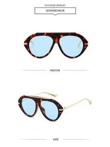 Front and side view of fashion aviator sunglasses with leopard print and blue lens
