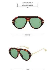 Front and side views of leopard print aviator sunglasses with green lenses.