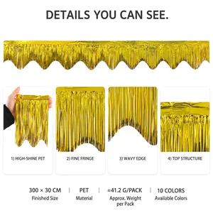 Shiny gold foil tinsel fringe garland with wavy edge for party and holiday decoration