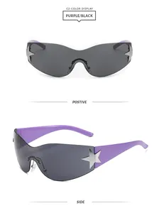 Vues détaillées des lunettes de soleil Y2K violettes avec étoiles argentées