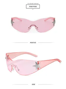 Vue détaillée des lunettes de soleil sans monture Y2K roses à la mode avec des étoiles argentées