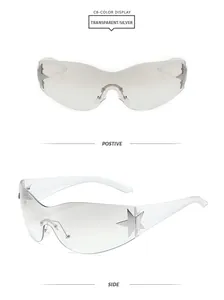 Détails de lunettes de soleil Y2K sans monture avec décor étoile argent sur verres clairs