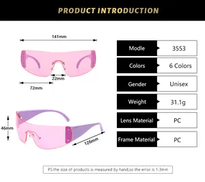Dimensions détaillées et spécifications techniques pour lunettes de soleil sport sans monture Y2K.