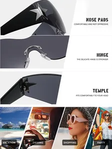 Détails macro et scènes de vie de lunettes de soleil sans monture Y2K avec étoiles.
