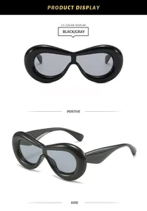 Detailed multi-angle display of oversized black chunky fashion sunglasses with gray lenses