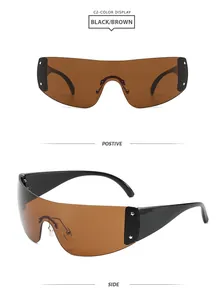 Vue détaillée des lunettes de soleil Y2K sans monture en noir et marron sous plusieurs angles.
