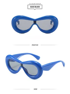 Detailed front and side views of trendy blue oversized wrap around sunglasses for fashion