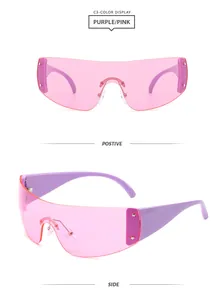Vues de face et de côté des lunettes de soleil de sport sans monture Y2K en violet et rose