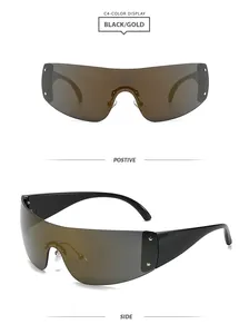 Lunettes de soleil de sport Y2K sans monture en noir et or, vues de face et de profil