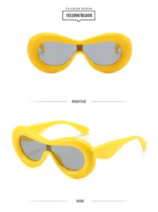 Professional front and side views of chunky yellow avant-garde candy color sunglasses.