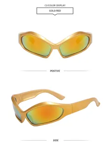 Occhiali da sole dorati futuristici con lenti specchiate arancioni, viste fronte e lato.