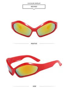 Dettaglio di occhiali da sole rossi futuristici con lenti a specchio gialle in due viste