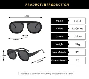 Detailed size specifications for retro pilot sunglasses with black PC frame